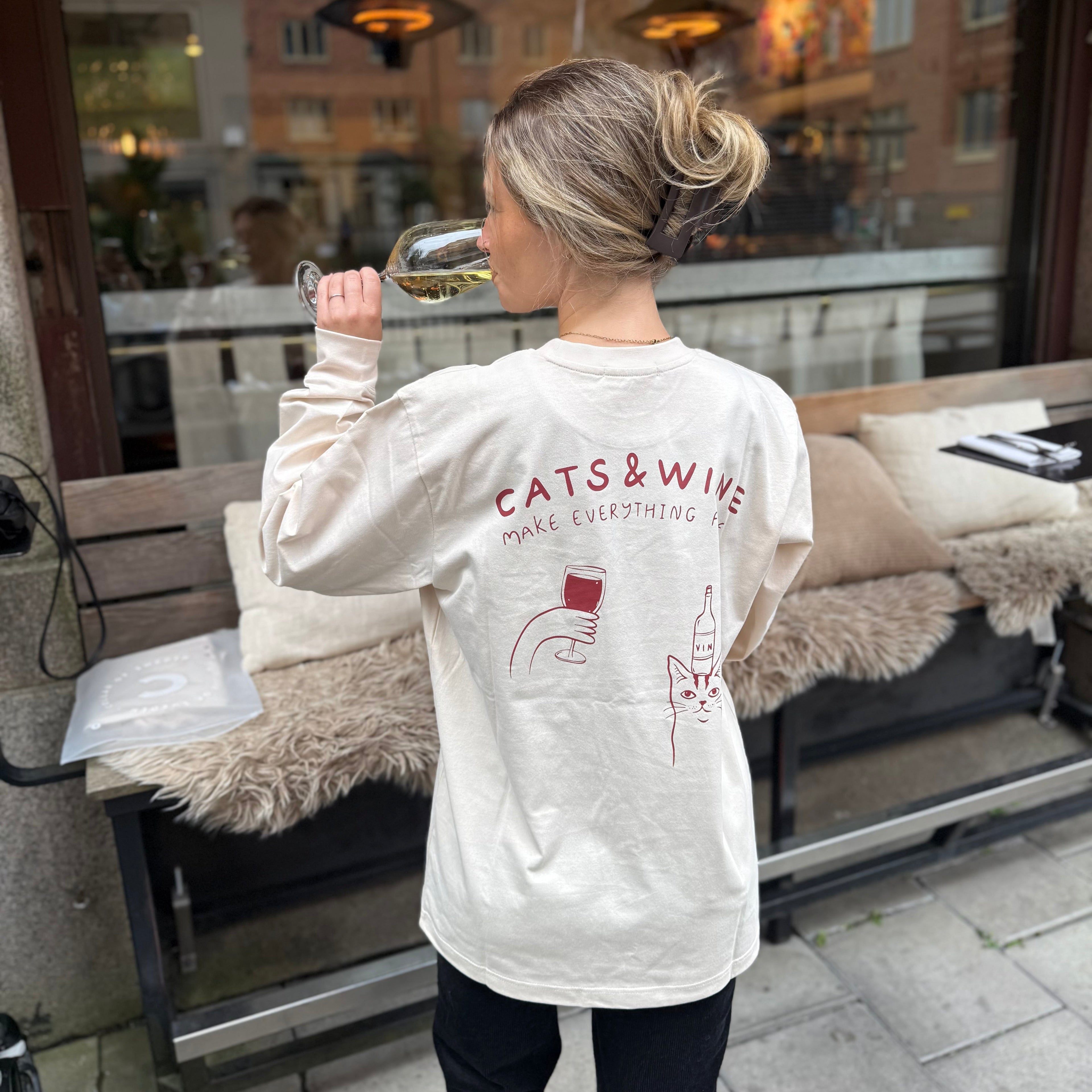 Off-White Long Sleeve - Cats & Wine Make Everything Fine
