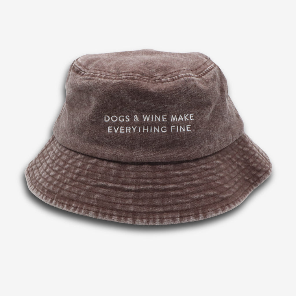 Brown Denim Bucket Hat - Dogs & Wine Make Everything Fine